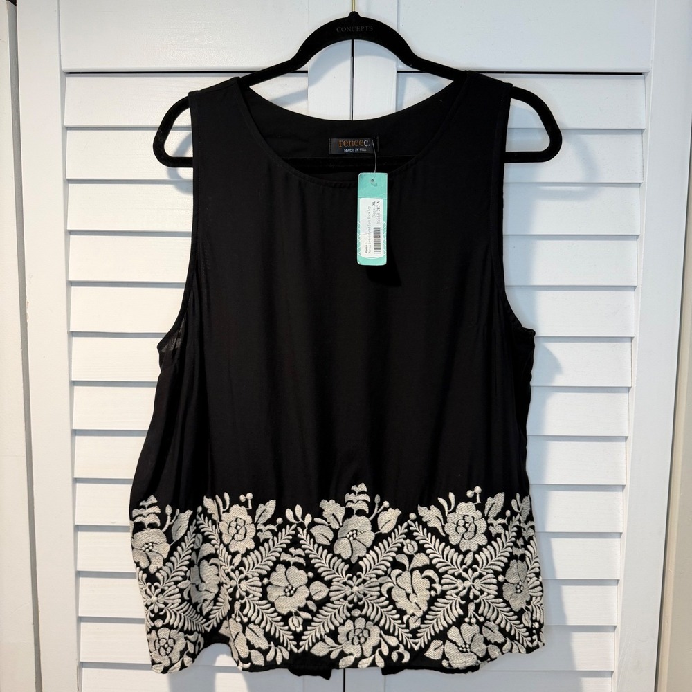 Renee C Alexus‎ Embroidered Split Back Top Black White Floral XL Womens New USA